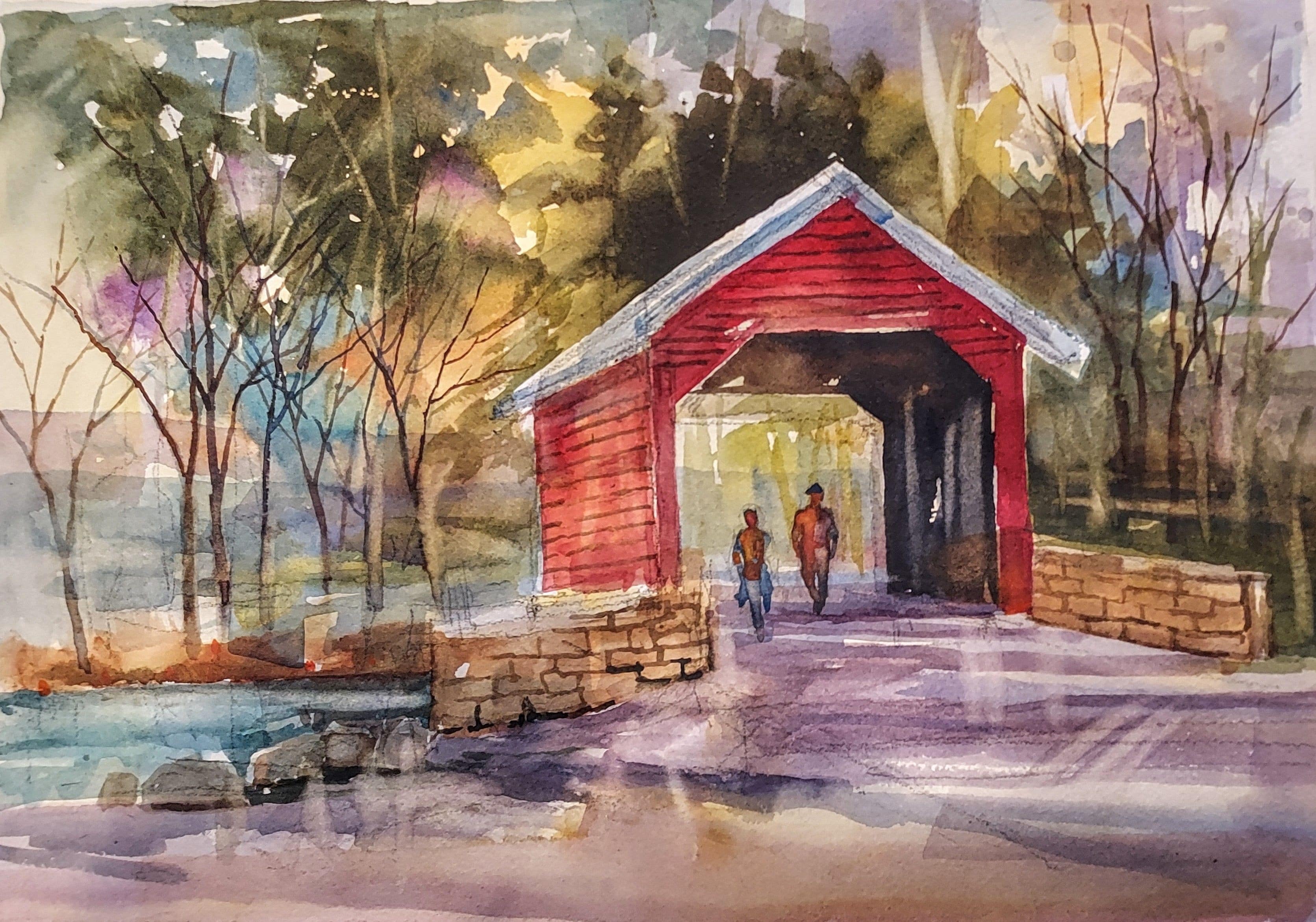 Two person walking in a town painting