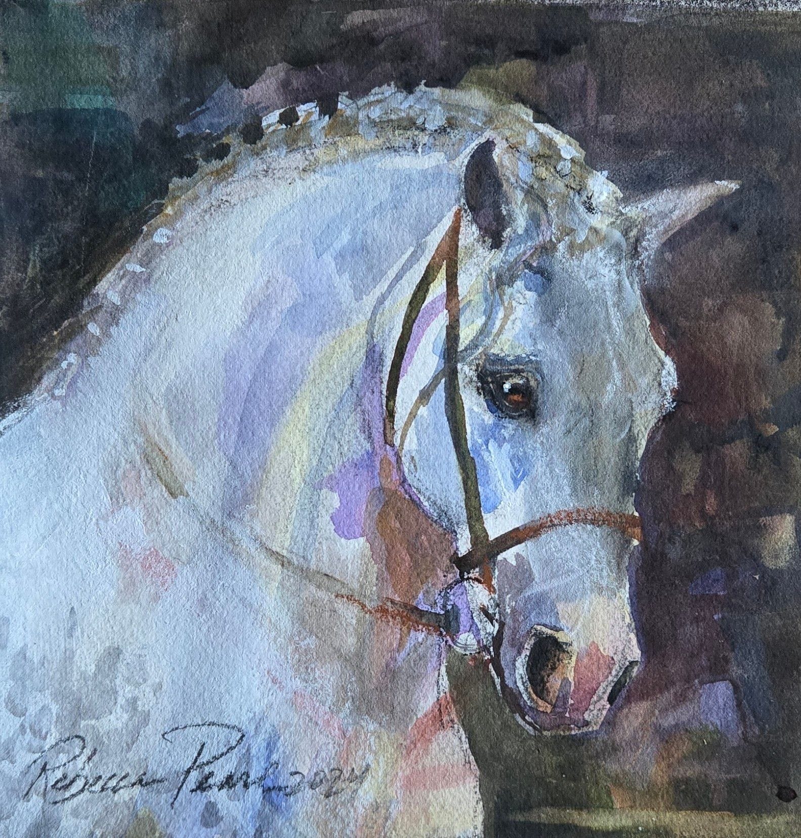 White horse painting with sign